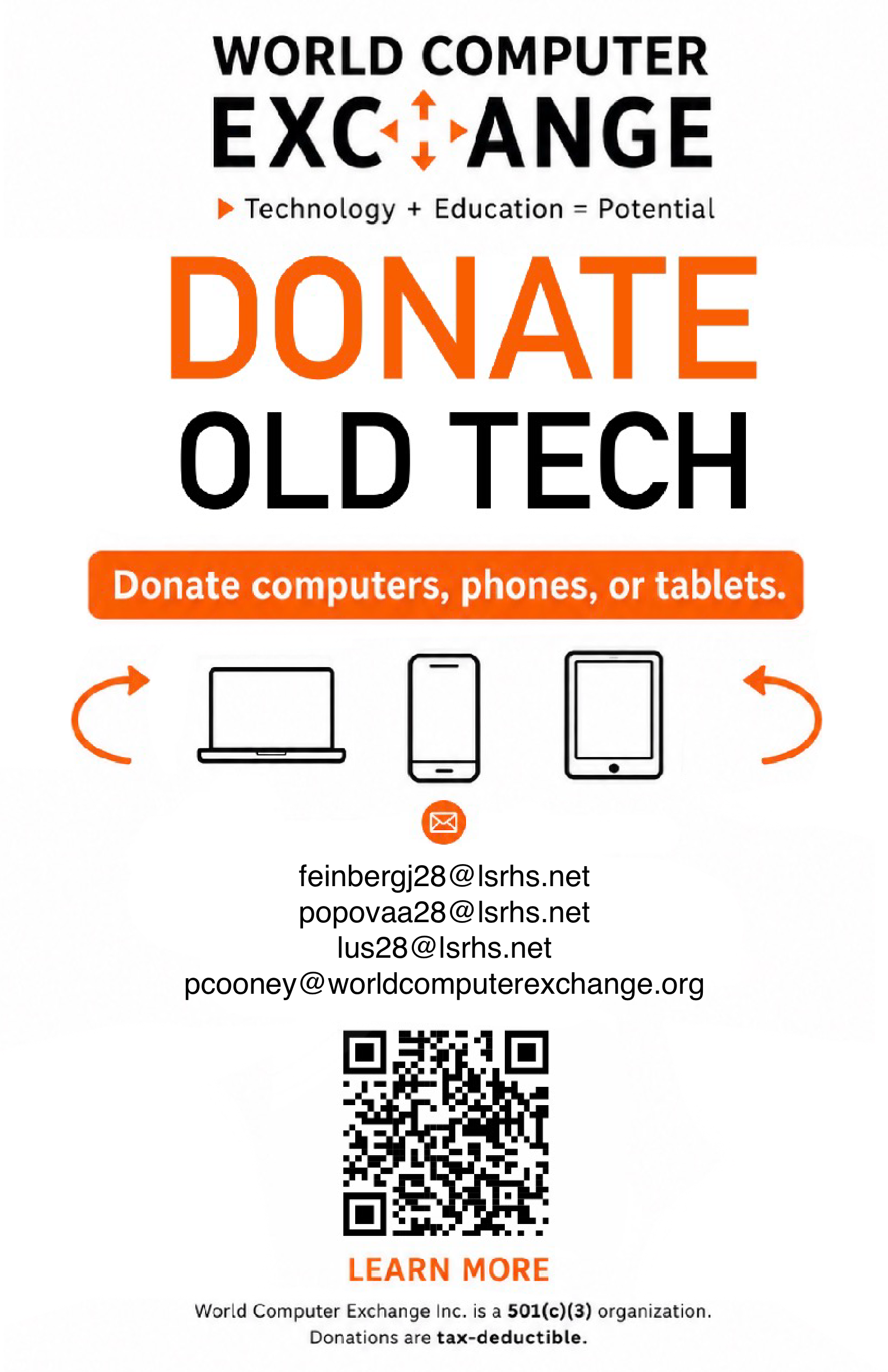 SPEC donation poster: Donate old tech (computers, phones or tablets) with contact addresses and a QR code.