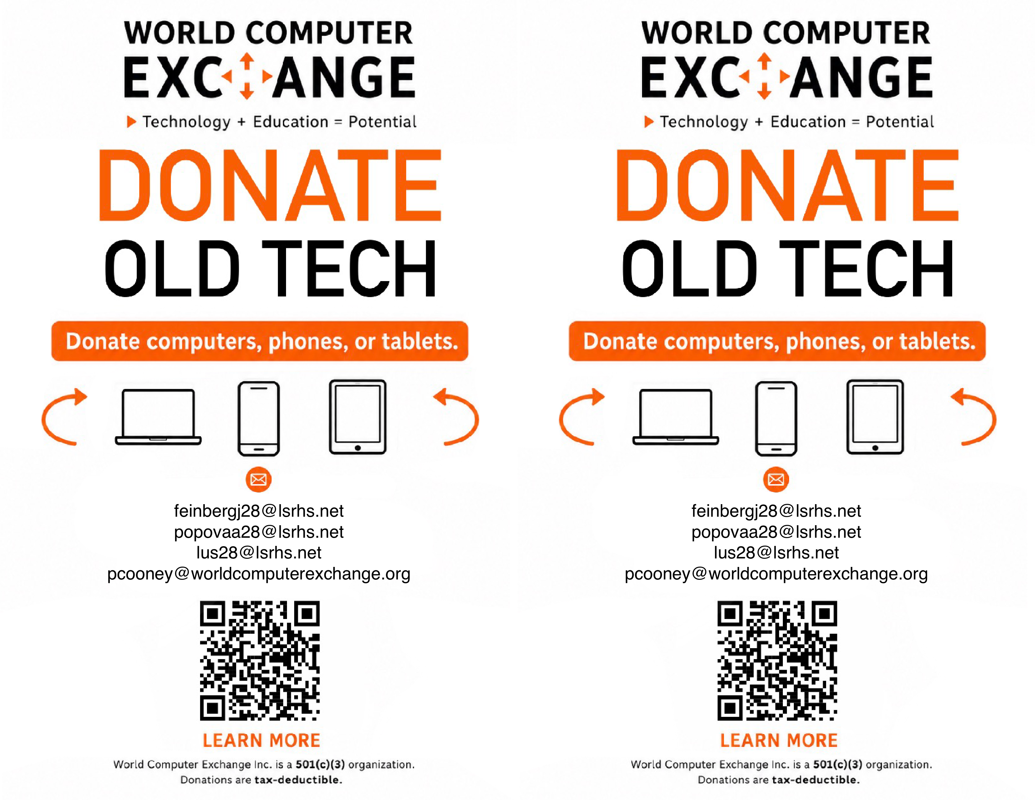SPEC donation poster: Donate old tech (computers, phones or tablets) with contact addresses and a QR code.