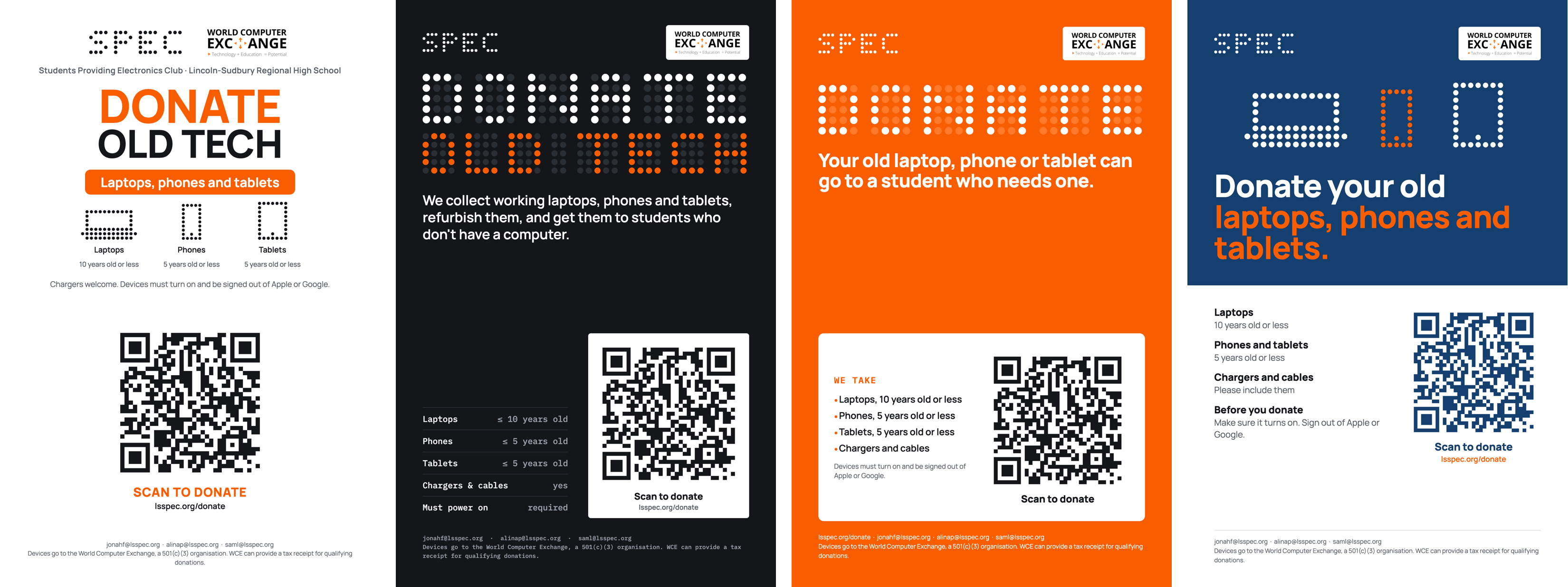 Four SPEC and World Computer Exchange donation posters, each with what we take and a QR code to the donate page.